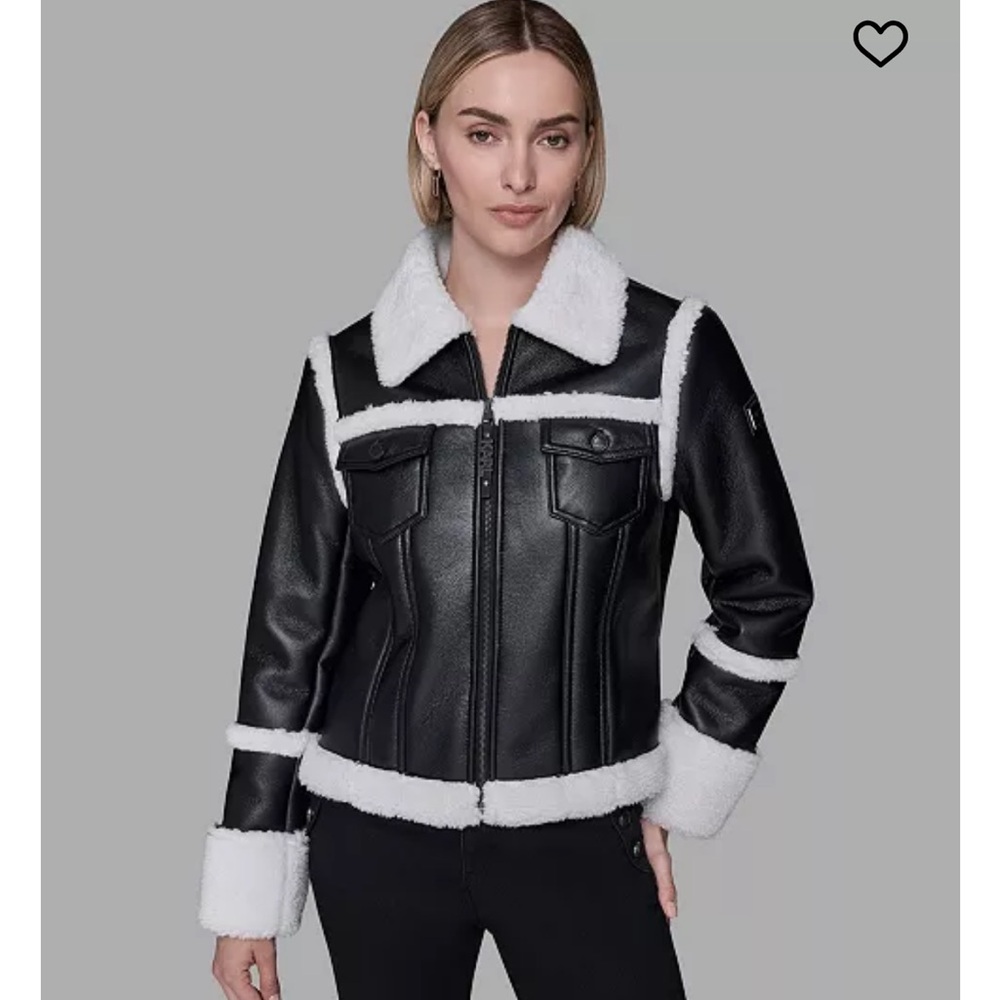 Karl Lagerfeld Black Faux Leather Jacket with White Shearling Trim
